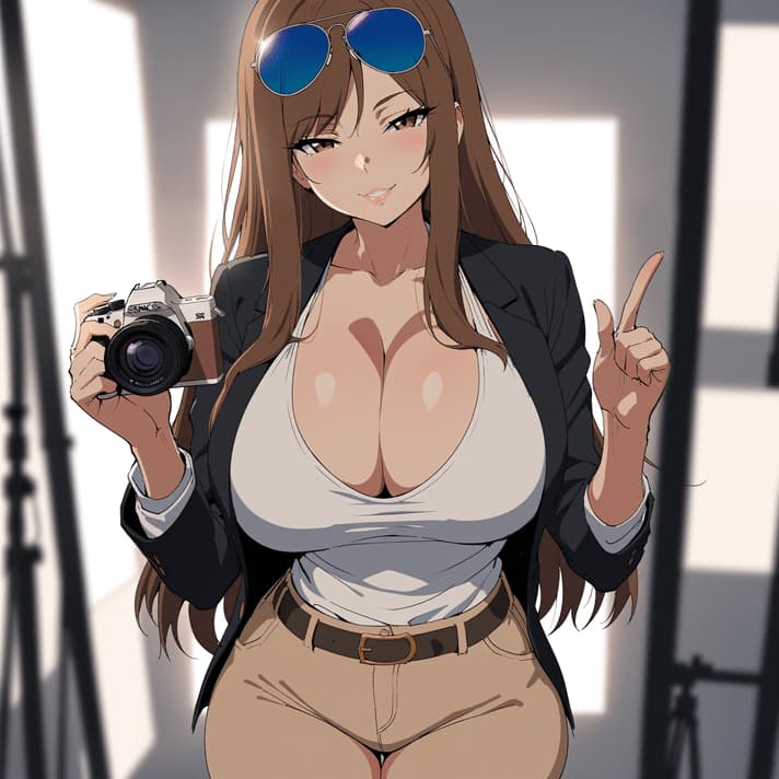 صورة الشخصية - woman holding camera, wearing blazer and low-cut top, breasts exposed, smiling seductively, pointing