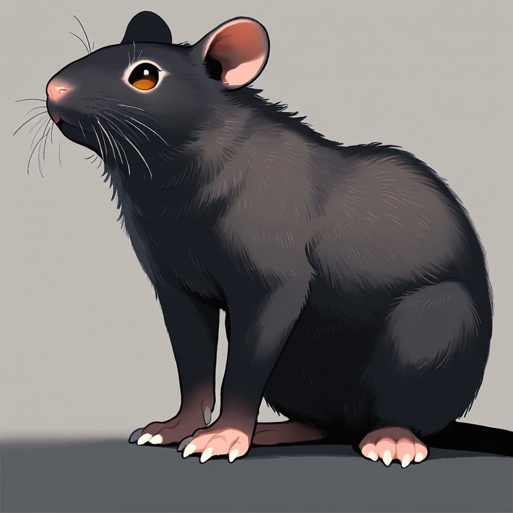 صورة الشخصية - black rat sitting upright, alert expression, orange eyes, whiskers, paws visible, no clothing, no nu