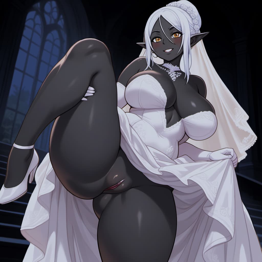 صورة الشخصية - nude bride with dark skin and white hair, legs spread wide, hands gripping her own thighs, seductive