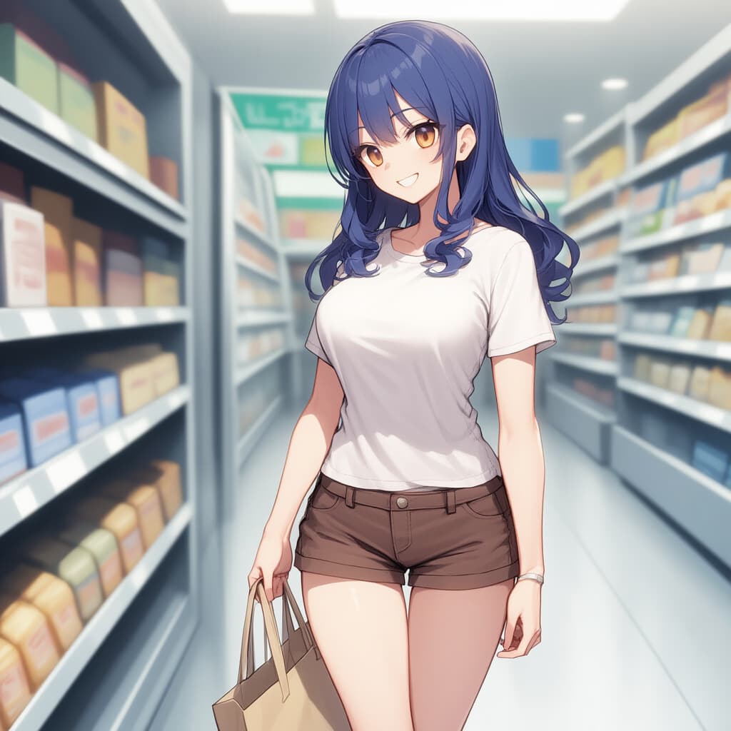 캐릭터 이미지 - happy expression in supermarket aisle, wearing white t-shirt and brown shorts, holding shopping bag,