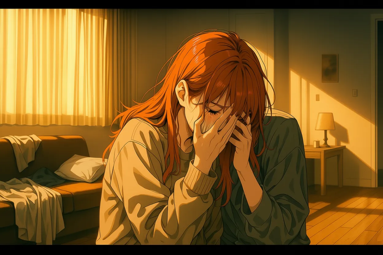 角色图片 - sad woman sitting in bedroom, covering face with hands, long red hair, wearing long-sleeved shirt, w
