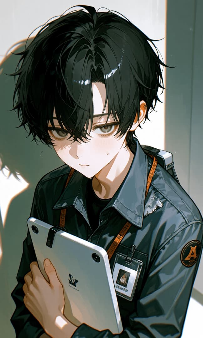 Immagine del personaggio - serious expression, holding tablet, wearing dark jacket with ID badge, indoor setting, fully clothed