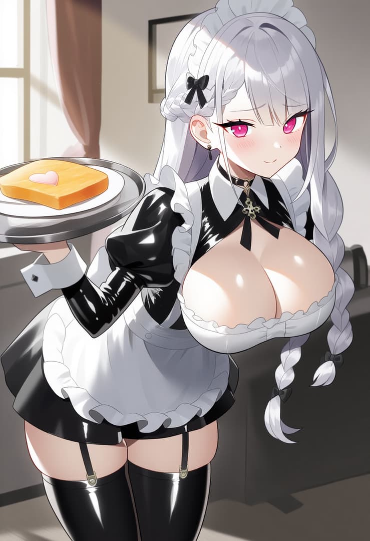 صورة الشخصية - maid outfit, silver hair, pink eyes, holding tray with toast, seductive expression, breasts exposed,