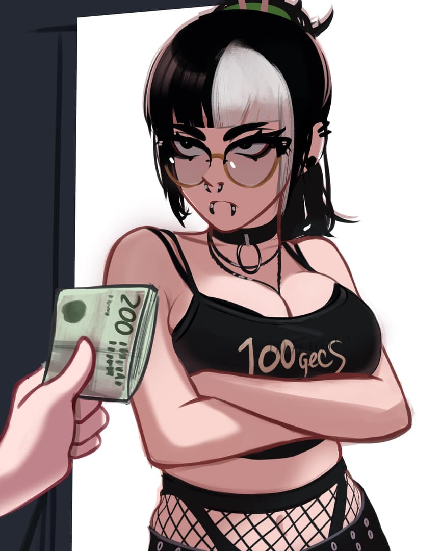 صورة الشخصية - angry pout with crossed arms, wearing black crop top and fishnet shorts, holding a stack of money, s