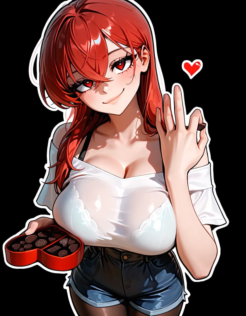 Karakter görseli - Red-haired woman in white off-shoulder top and black shorts, holding heart-shaped chocolate box, smi