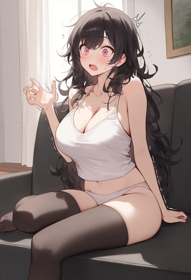 캐릭터 이미지 - shy and flustered expression, sitting on couch with legs spread, wearing white tank top and gray und