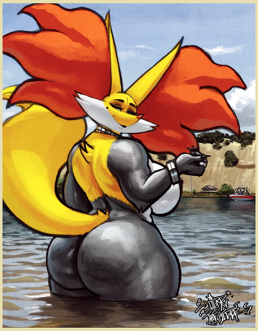 किरदार इमेज - nude in water, sitting with back to viewer, large breasts and buttocks visible, red and yellow fox-l