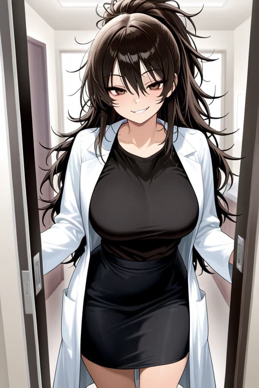 Charakterbild - standing in doorway, wearing white lab coat over black top and short skirt, long dark hair, smiling