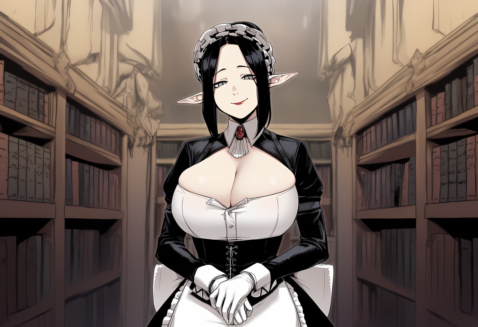 รูปภาพตัวละคร - sitting in library, elf ears, wearing black and white maid outfit with low-cut top, breasts exposed,