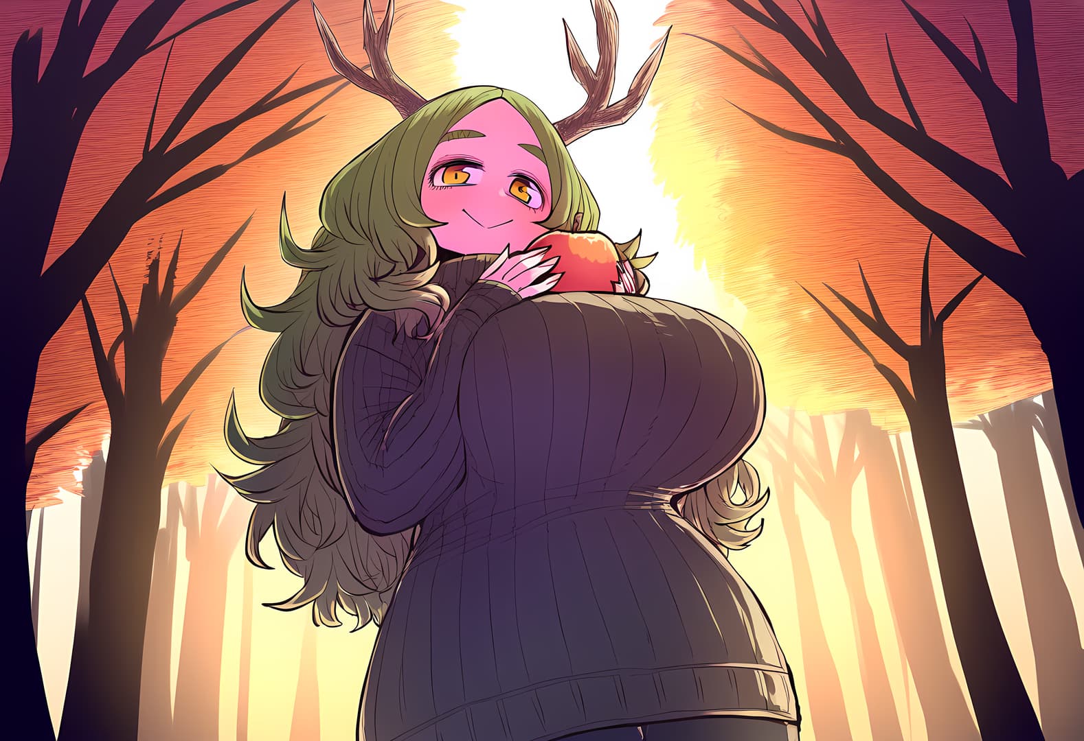 Image du personnage - happy expression, holding red apple to chest, wearing dark ribbed sweater, long green hair, deer ant
