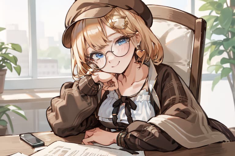 캐릭터 이미지 - sitting at a table in a cafe, smiling gently with hand under chin, wearing glasses and a hat, fully
