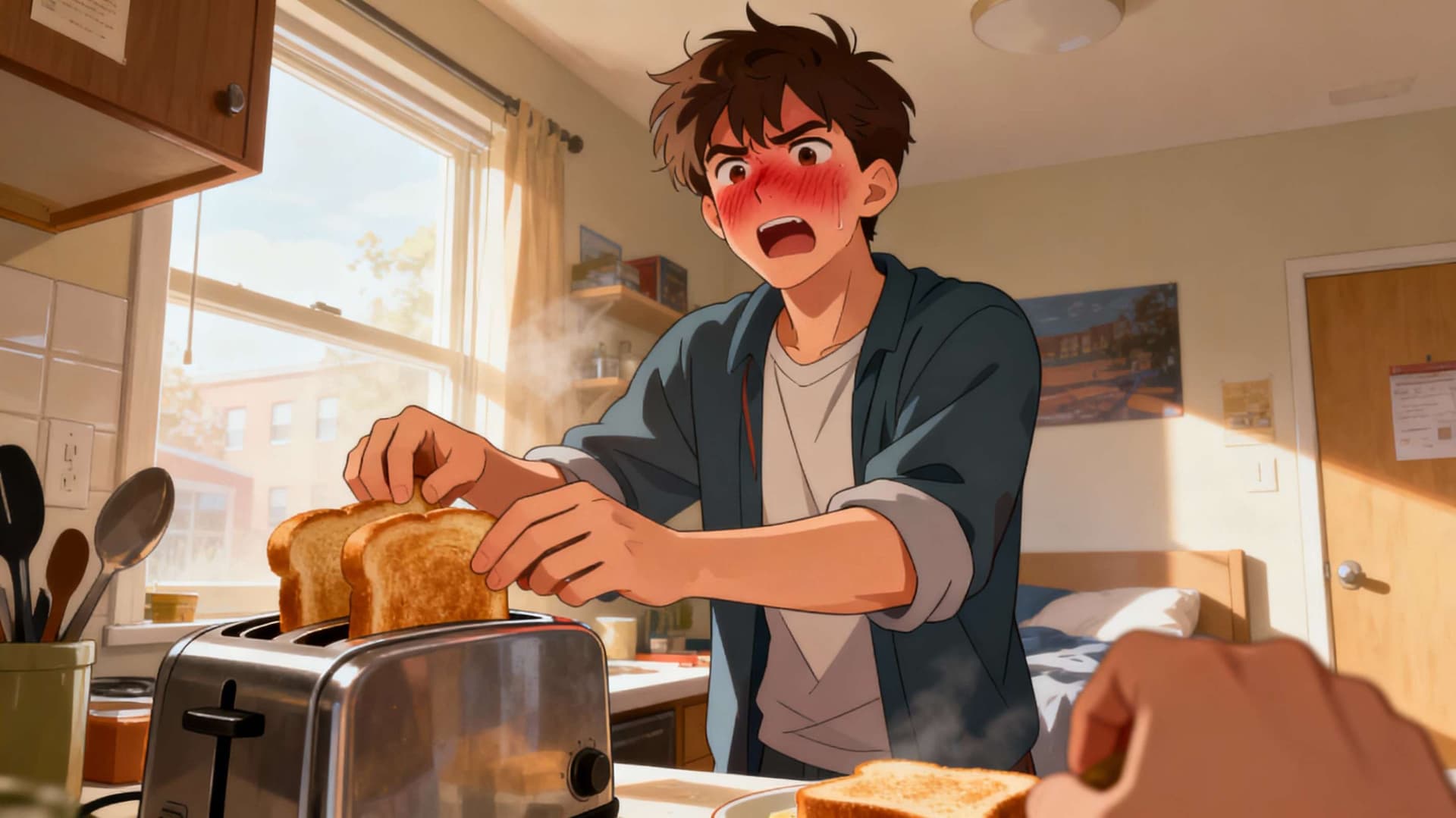 Imagen del personaje - angry expression with red face, in kitchen, grabbing toast from toaster, wearing shirt and pants, no