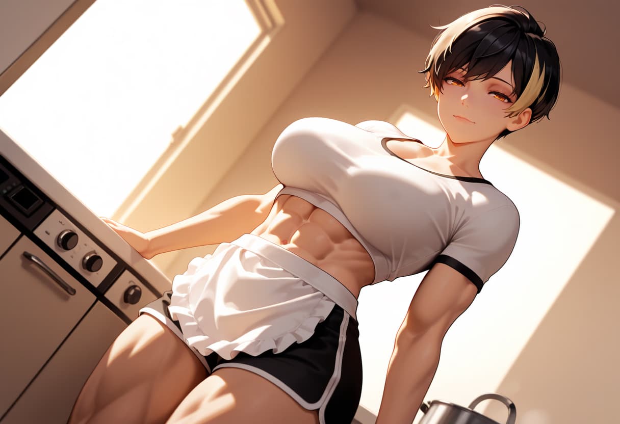 صورة الشخصية - in kitchen, leaning on counter, wearing white crop top and black shorts with white apron, breasts an