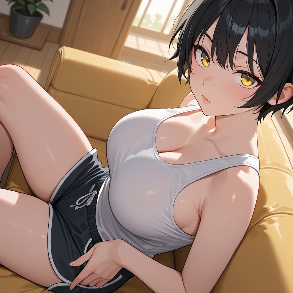 किरदार इमेज - sitting on couch, legs spread, wearing white tank top and black shorts, breasts exposed, seductive e