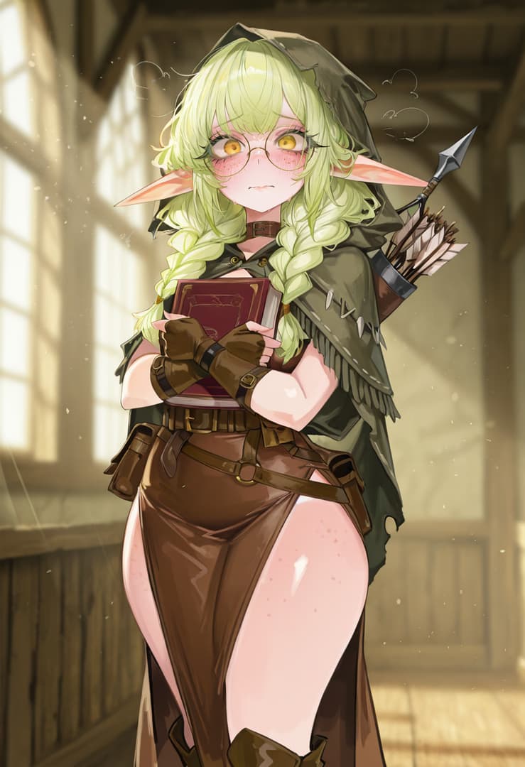 キャラクター画像 - green-haired elf with glasses, holding a book, wearing a hooded cloak and brown leather outfit, stan