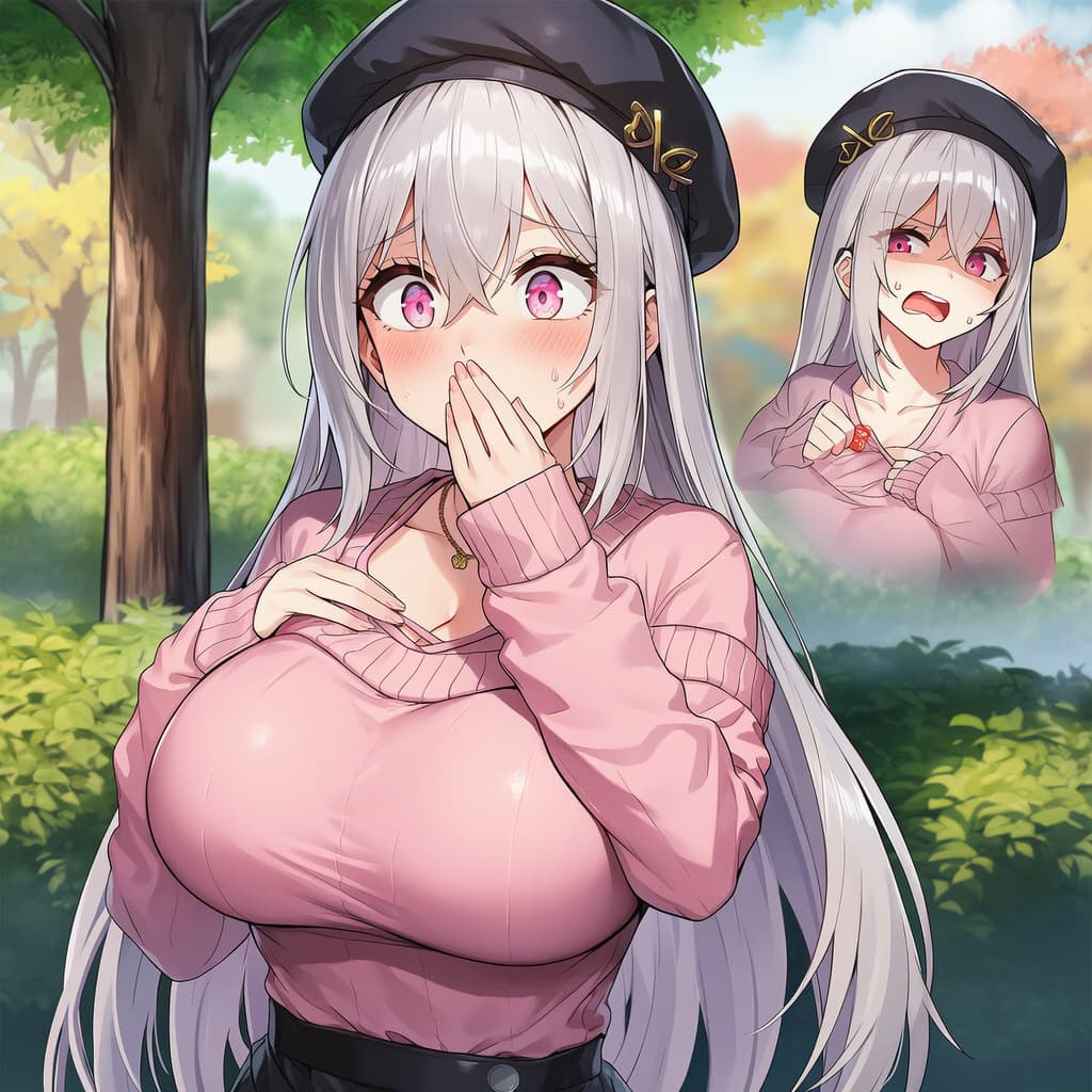 صورة الشخصية - shy expression, hands covering mouth, blushing, pink sweater, black beret, long silver hair, outdoor