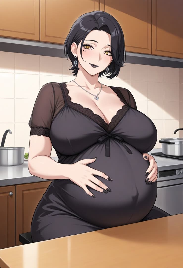 รูปภาพตัวละคร - Pregnant woman in kitchen, sitting at counter, hands on large belly, wearing black lace dress, seduc