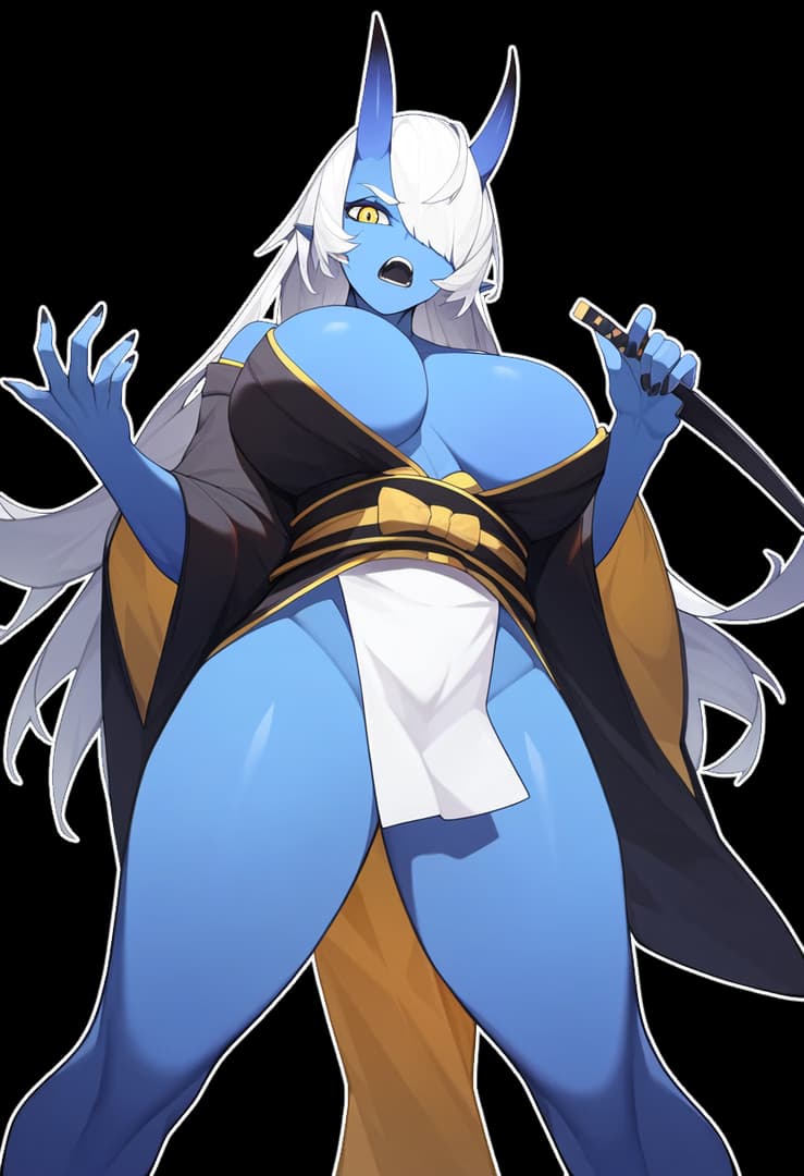 Image du personnage - Blue-skinned demon woman with white hair and horns, wearing a revealing black and gold outfit with a