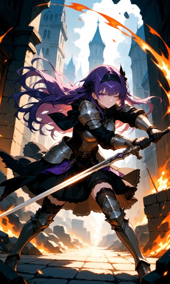 Character image - battle-ready warrior woman with long purple hair, wielding a sword in a fighting stance, wearing bla