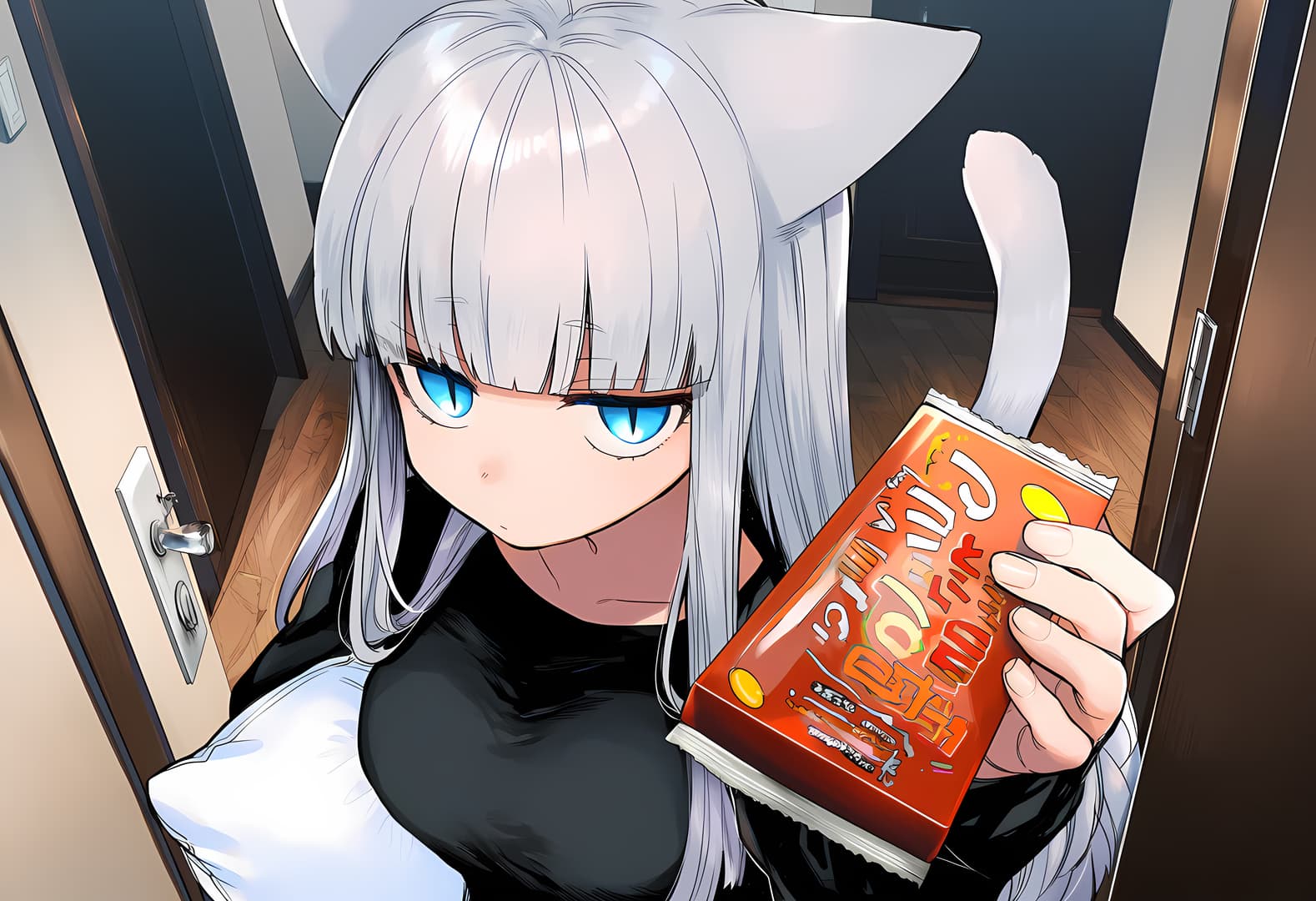 Obraz postaci - silver-haired cat girl with blue eyes, holding a snack packet, playful expression, in a hallway, ful