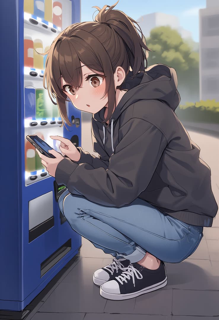 Karakter görseli - shy expression, crouching by vending machine, holding phone, wearing hoodie and jeans, outdoors, ful