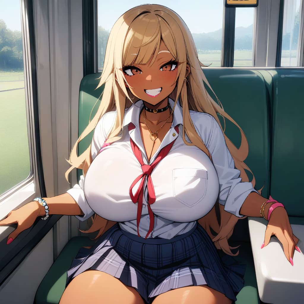 Charakterbild - sitting on train, smiling seductively, wearing school uniform with red tie, breasts exposed, legs sl