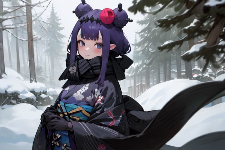 รูปภาพตัวละคร - happy expression in snowy forest, fully clothed in traditional Japanese kimono with floral patterns,