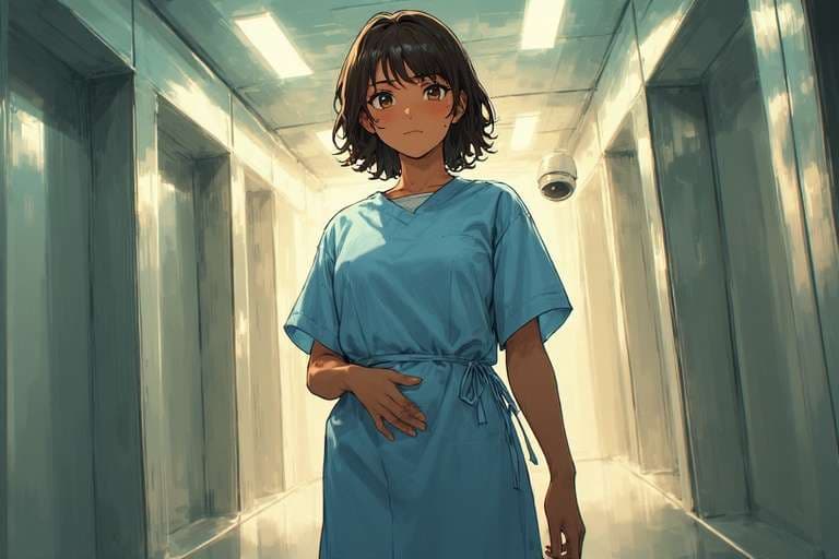 Charakterbild - pregnant woman in blue scrubs, standing in hospital hallway, hand on belly, neutral expression, full