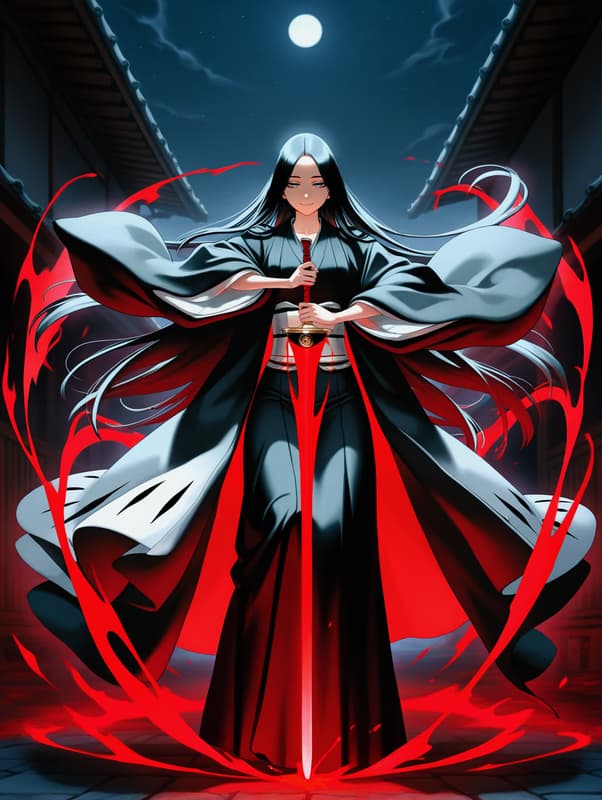캐릭터 이미지 - standing in traditional Japanese attire, holding a sword with red energy swirling around, serious ex