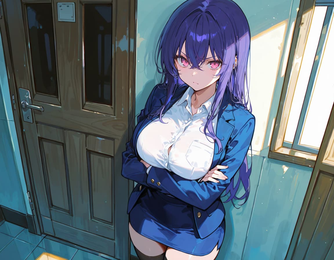 Imagem do personagem - standing in hallway, arms crossed, wearing blue blazer and white shirt, breasts exposed, serious exp
