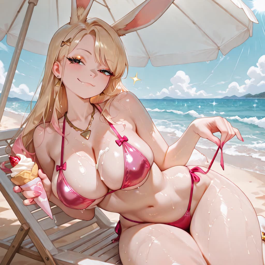 รูปภาพตัวละคร - at beach in red bikini, sitting on lounge chair under umbrella, happy and playful expression, holdin