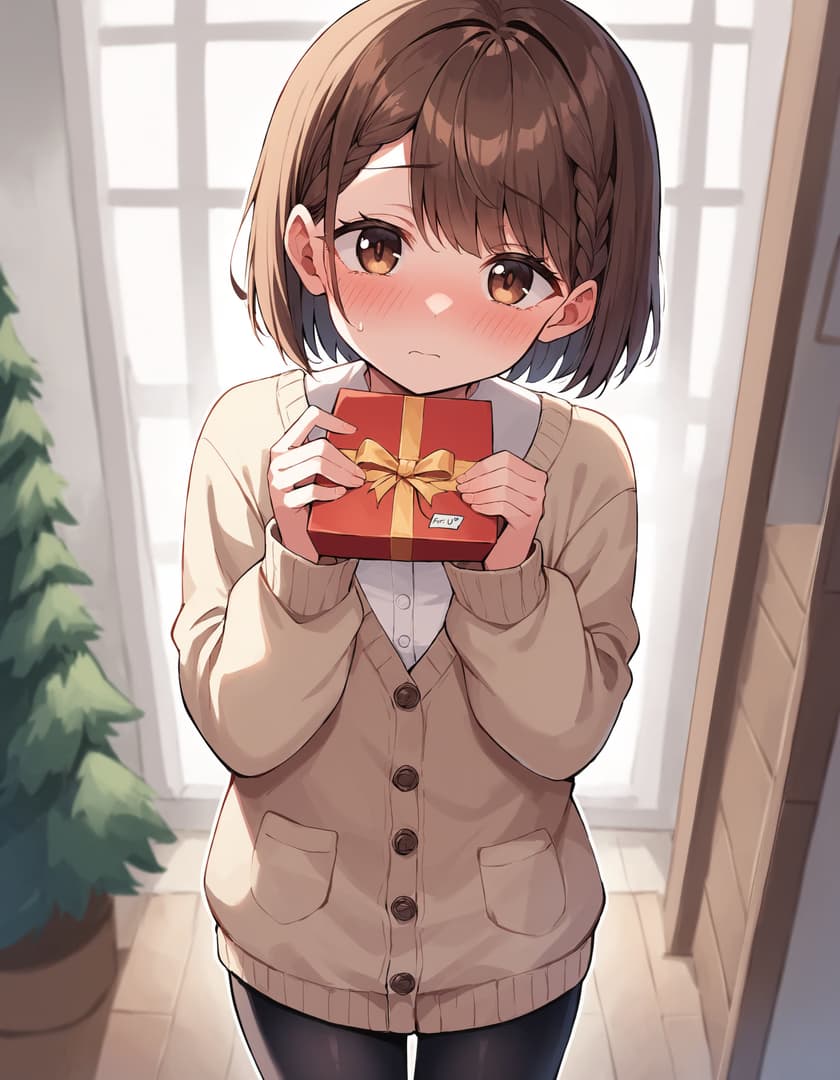 Gambar karakter - shy expression, holding red gift box with gold ribbon, blushing cheeks, standing in hallway near win