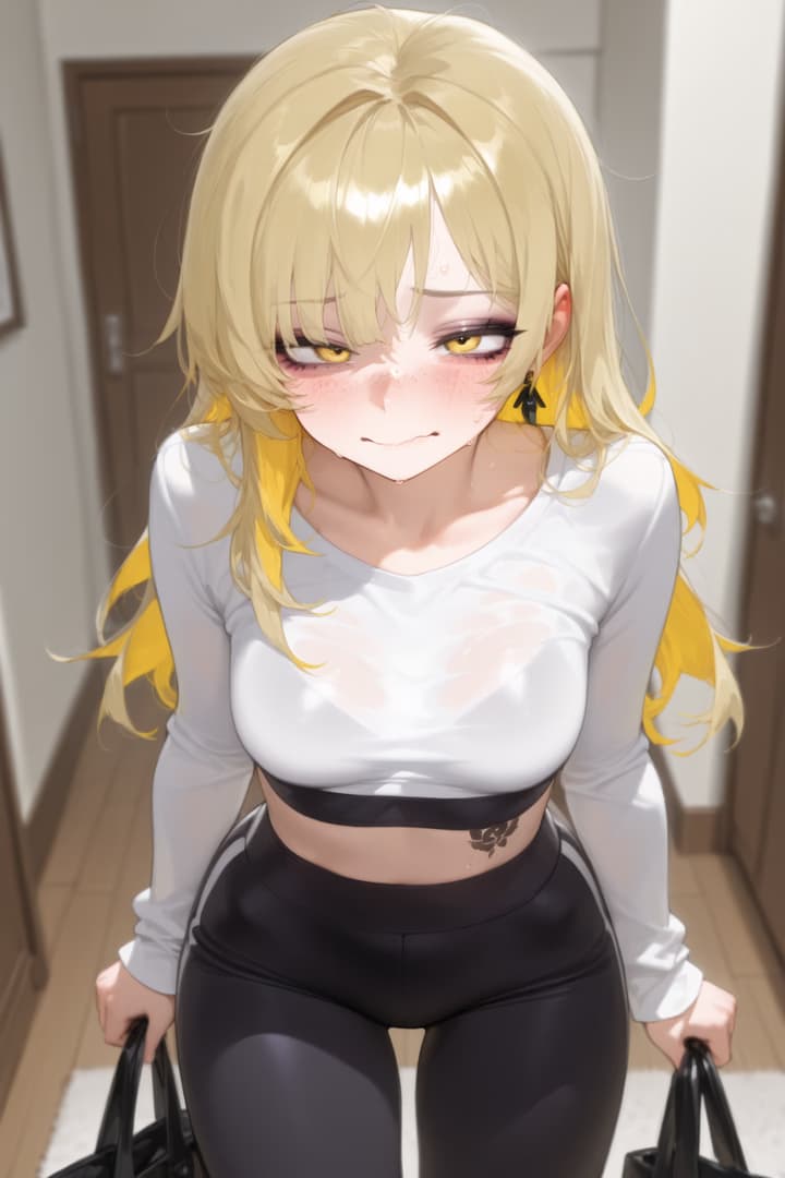 किरदार इमेज - blushing, sweaty, seductive expression in hallway, wearing white long-sleeve crop top and black legg
