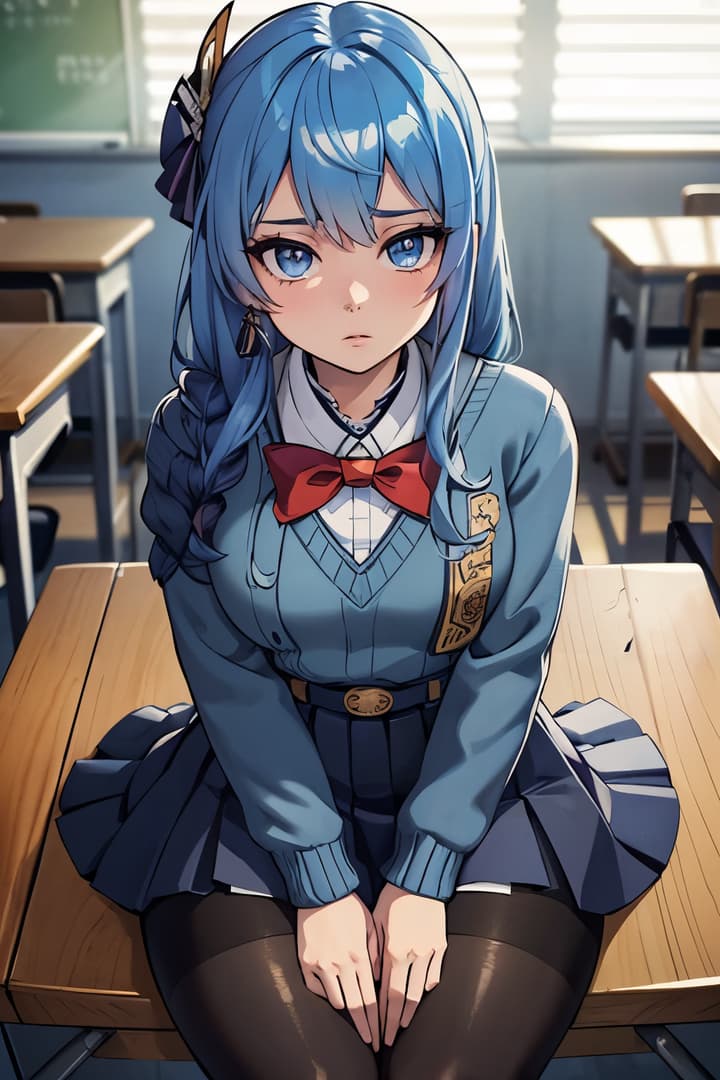 Charakterbild - sitting in classroom, wearing school uniform with blue sweater, red bow tie, pleated skirt, and blac