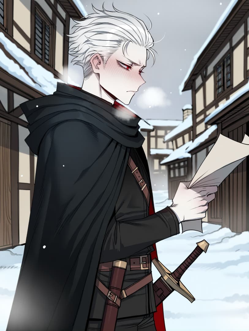 Obraz postaci - angry expression, reading paper in snowy village, fully clothed in black cloak and red undergarment,