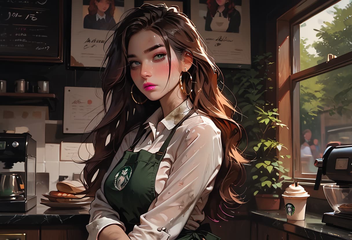 Image du personnage - In a cozy cafe, a woman with long brown hair and green eyes wears a Starbucks apron over a white shi