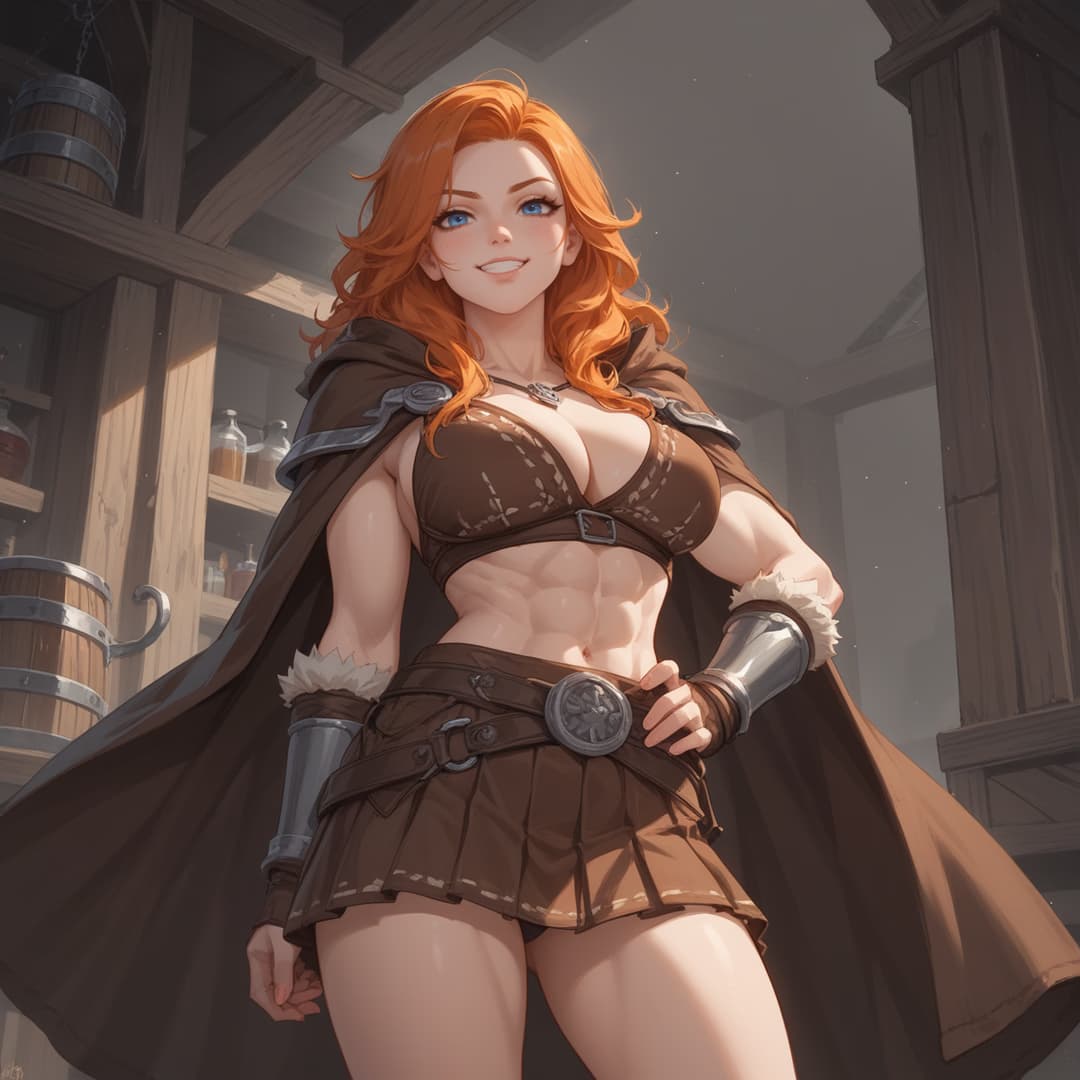 캐릭터 이미지 - confident smile, standing in wooden tavern, wearing brown leather bra and short skirt with fur-trimm
