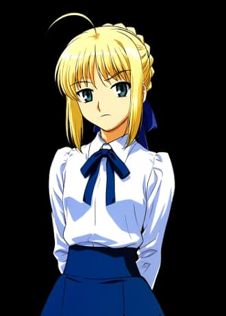 Karakter görseli - serious expression, standing, wearing white shirt with blue bow tie and blue skirt, fully clothed, n