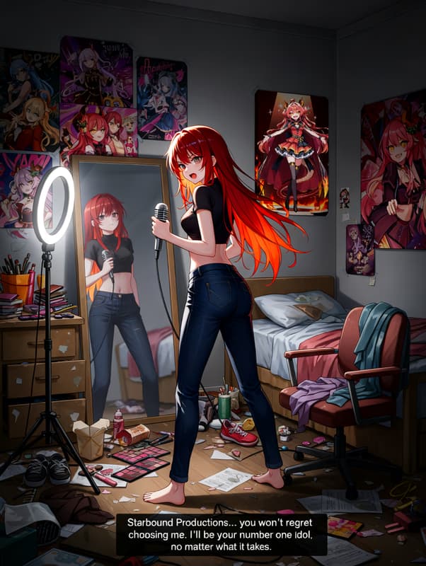 Charakterbild - In a messy bedroom, a red-haired girl stands barefoot, holding a microphone, wearing a black crop to