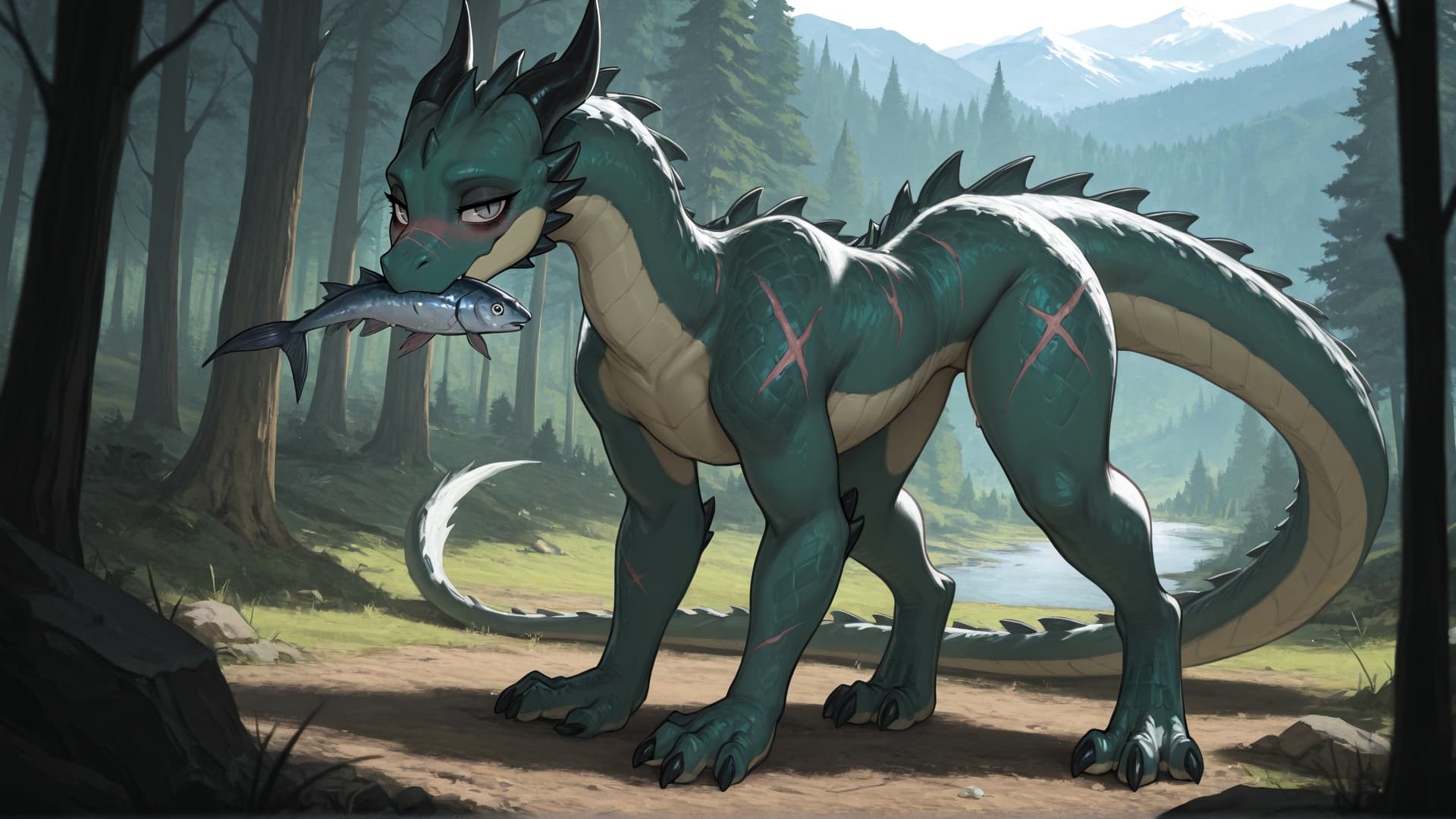 รูปภาพตัวละคร - green dragon with red scars, standing in forest, holding fish in mouth, seductive expression, no clo
