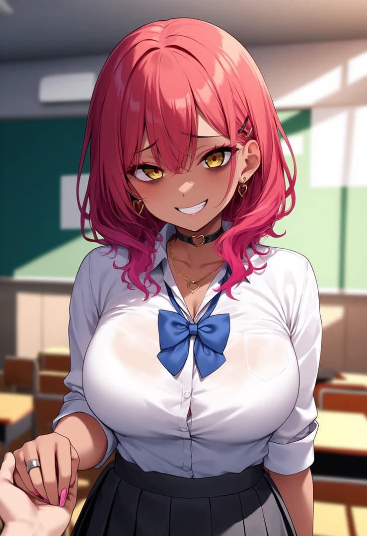 Obraz postaci - happy expression, standing in classroom, wearing school uniform with white shirt and blue bow, fully