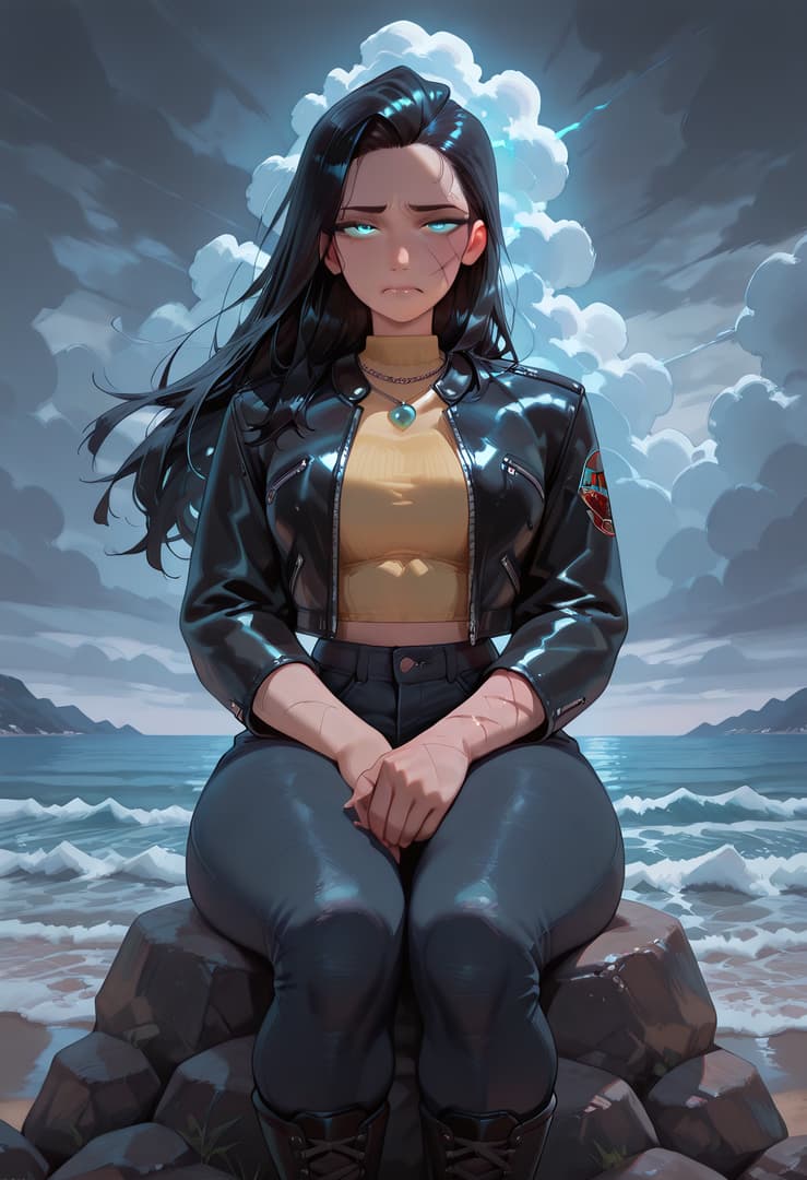 Karakter görseli - Sitting on rocks at the beach, dark-haired woman with glowing blue eyes, wearing a black leather jac
