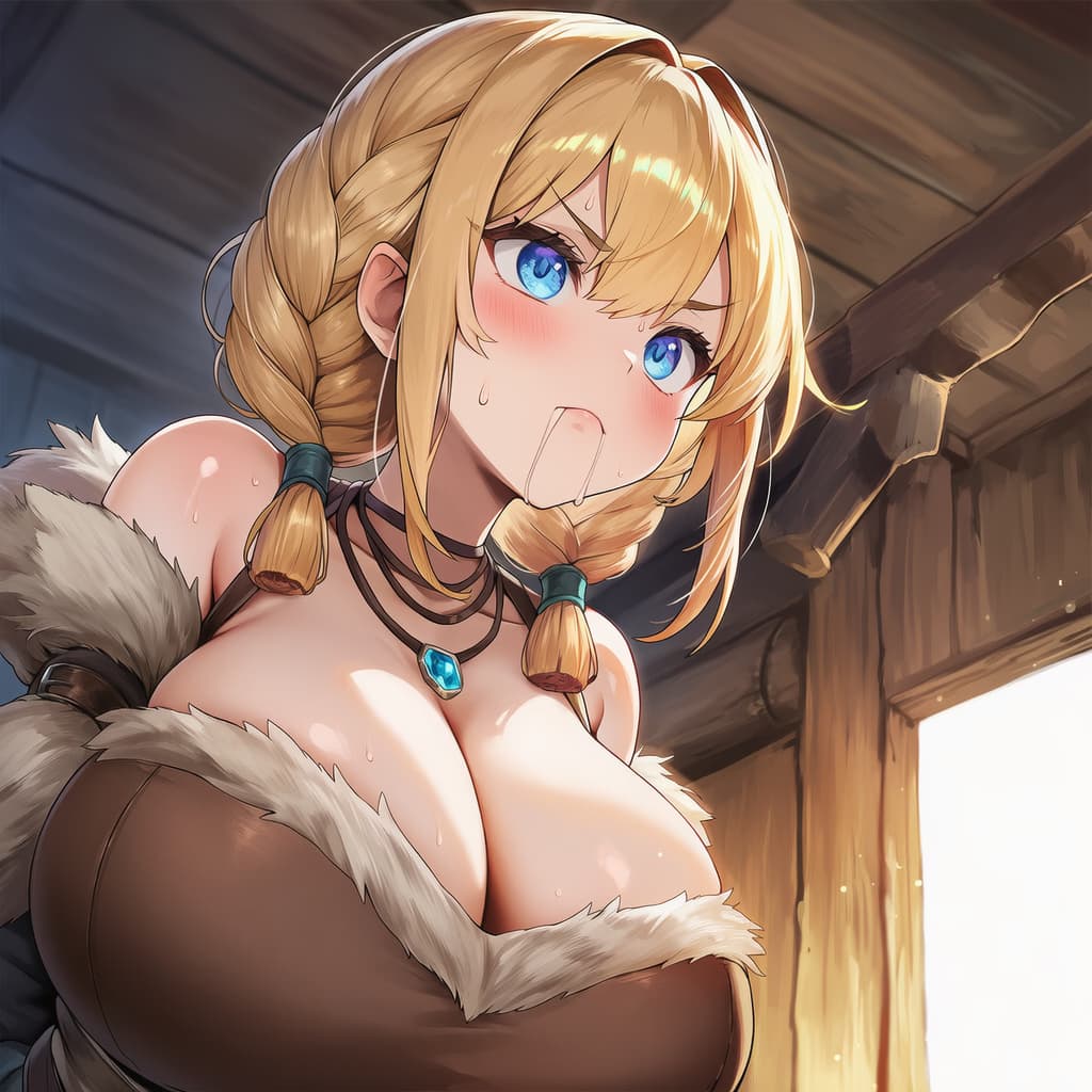 캐릭터 이미지 - topless in wooden cabin, wet skin, blue eyes wide with arousal, braided blonde hair, fur-trimmed out