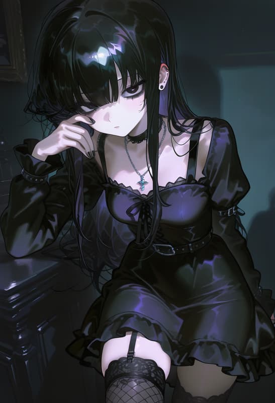 Charakterbild - seductive expression, sitting with hand near face, wearing black gothic dress with ruffles and lace,