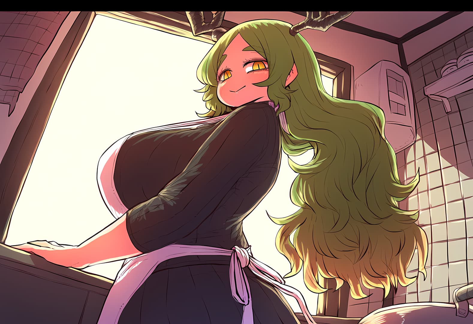 Image du personnage - in kitchen, wearing dark dress and pink apron, long green hair, seductive smile, looking back over s
