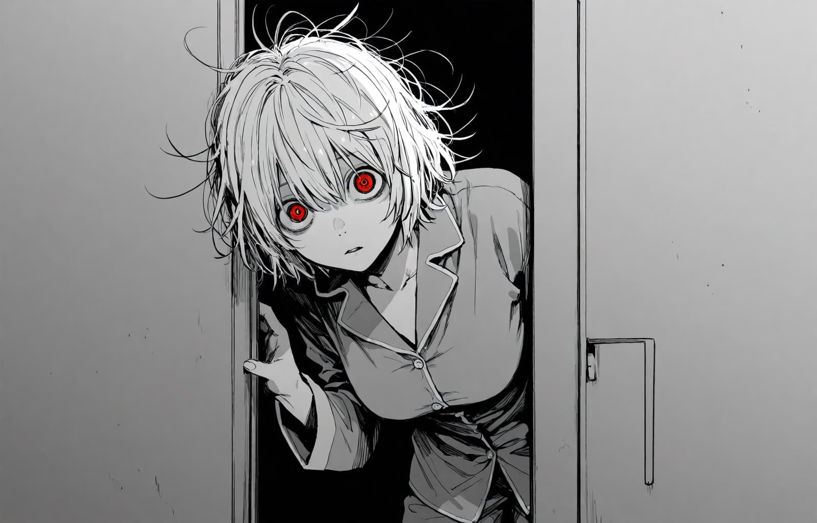 Obraz postaci - peeking from doorway, messy white hair, red eyes, wearing pajamas, intense expression, dark backgrou
