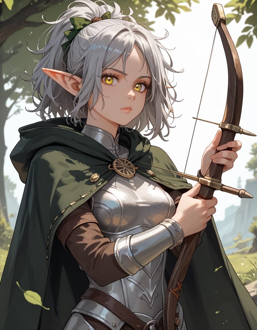 Charakterbild - elf archer with silver hair and yellow eyes, holding a bow and arrow, wearing armor and a green cloa