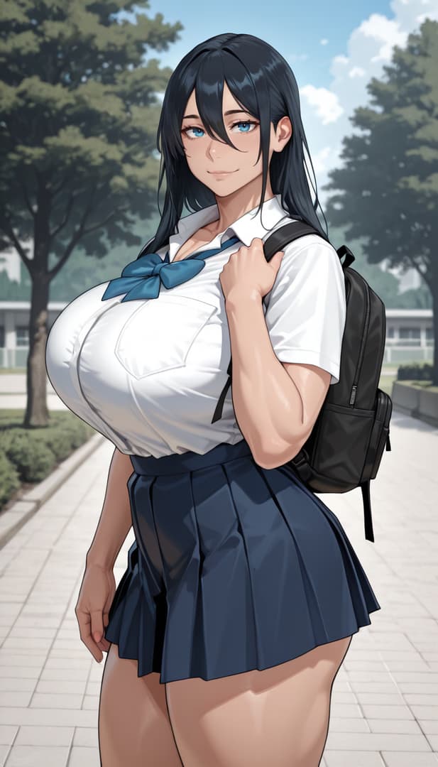 Charakterbild - standing outdoors on a school path, wearing a white short-sleeve shirt with a blue bow tie and a dar