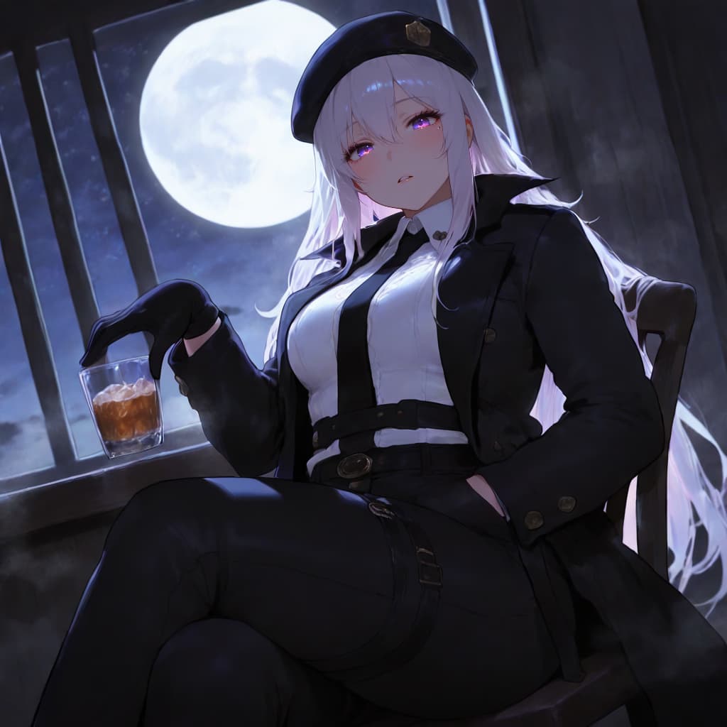 Character image - sitting in chair by window, holding glass of drink, wearing black uniform with white shirt, black gl