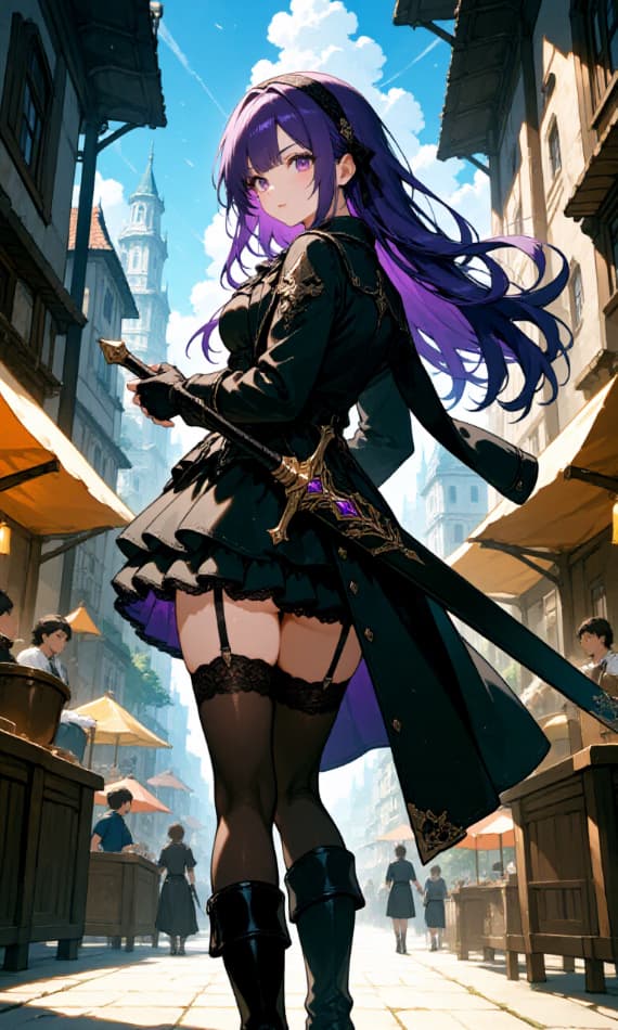 Character image - purple-haired woman in black gothic outfit, holding sword, standing in medieval street market, confi